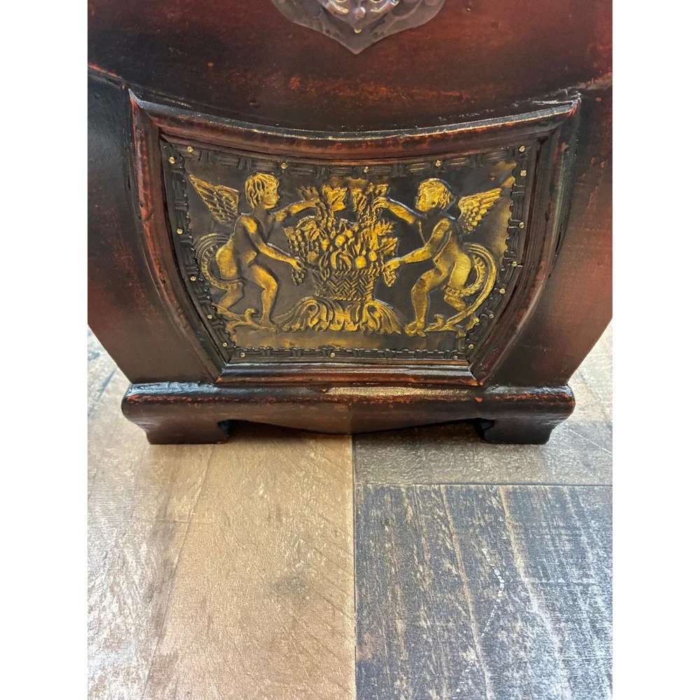 Vintage Wooden Treasure Chest Jewelry Box Cherub Relief Brown Gold Small Trunk